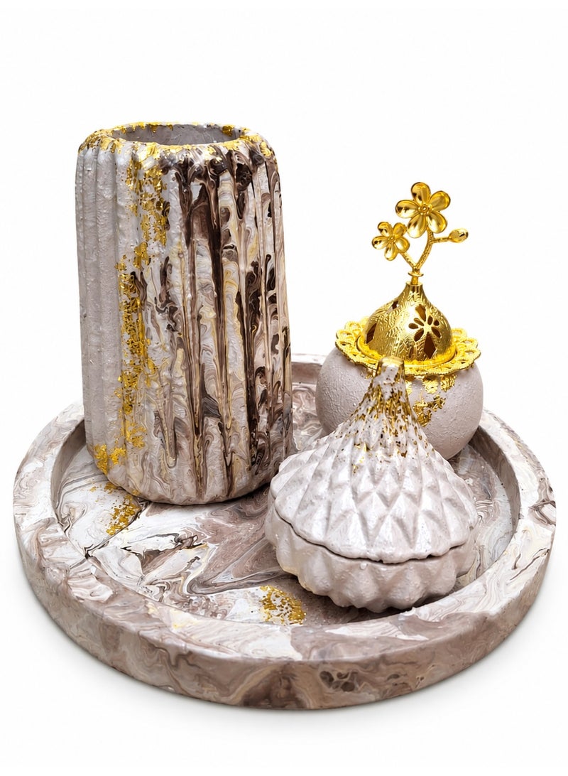 Luxury 4-Piece Handmade Marble Home Décor Set – Round Decorative Tray with Vase, Decorative Lidded Box, and Incense Burner with Elegant Gold Metal Lid – Modern Table Décor for Living Rooms, Weddings, and Housewarming Gifts - Image 1