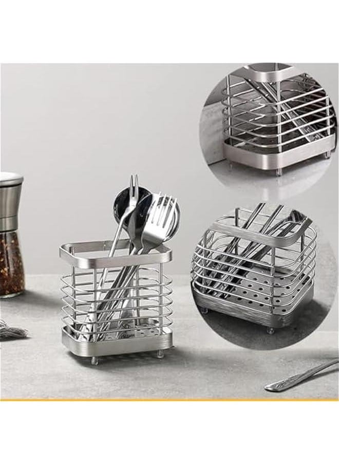 HOOKOR Kitchen Utensil Holder， Stainless Steel Storage Cooking Silverware Caddy，Kitchen Utensil Drying Caddy, Cutlery Drainer for Kitchen Utensil, Rust-Proof Cutlery Utensil Organizer (Silver)  - Image 3
