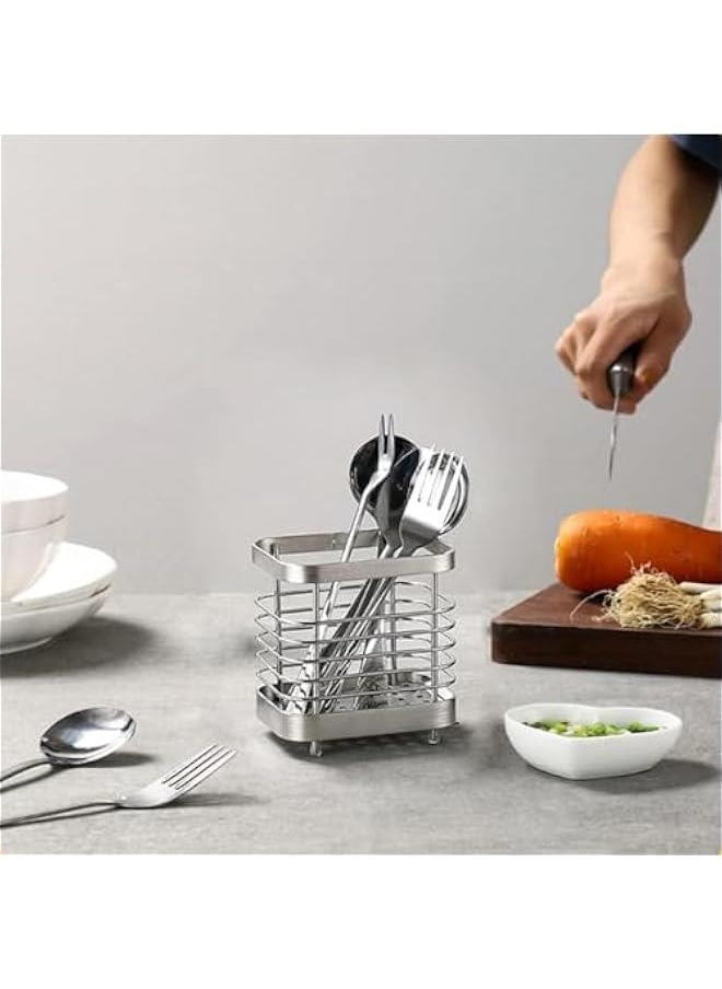 HOOKOR Kitchen Utensil Holder， Stainless Steel Storage Cooking Silverware Caddy，Kitchen Utensil Drying Caddy, Cutlery Drainer for Kitchen Utensil, Rust-Proof Cutlery Utensil Organizer (Silver)  - Image 5