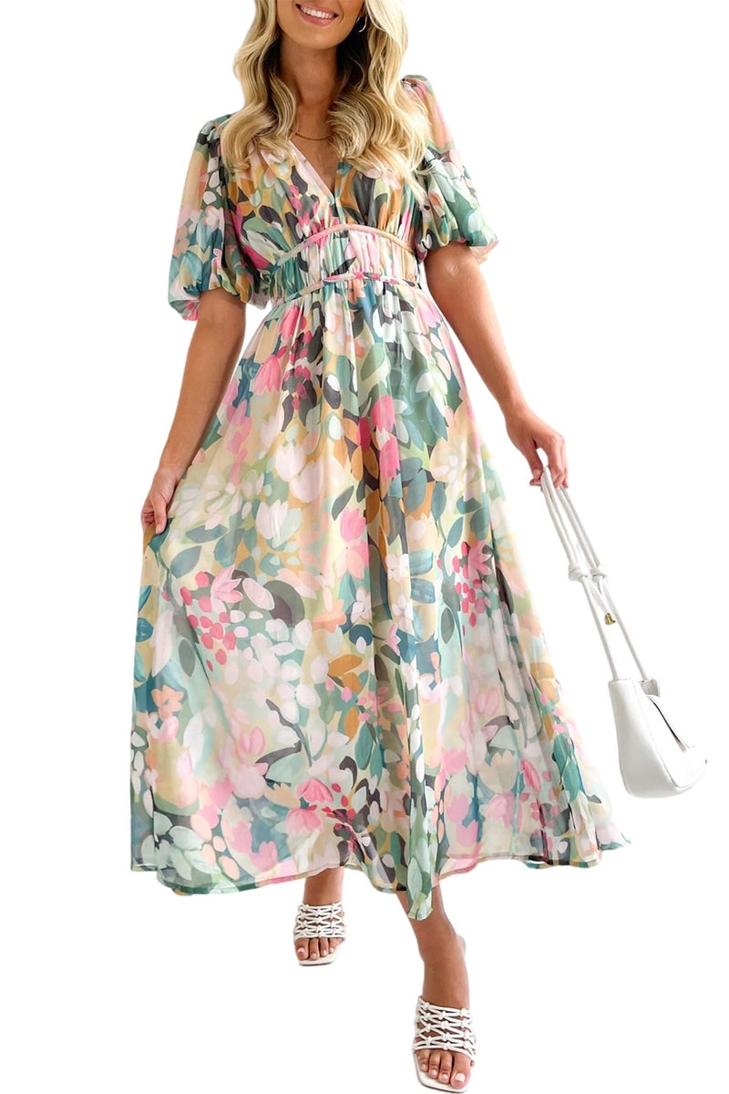 Maxigerui Women's Summer Floral Maxi Dress Spring Wedding Guest Dress 2026 Green Floral M - Image 1