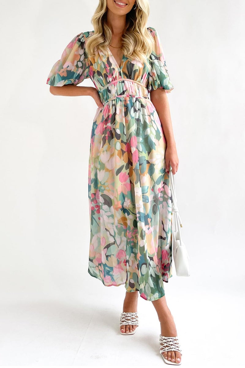 Maxigerui Women's Summer Floral Maxi Dress Spring Wedding Guest Dress 2026 Green Floral M - Image 4