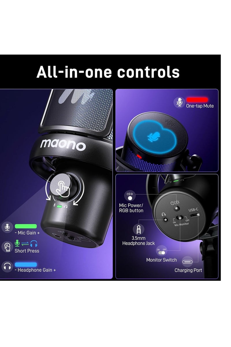 ماونو ميكروفون MAONO DM40 PRO مكثف يو إس بي / لاسلكي للبث والبودكاست والألعاب وتسجيل الصوت – ميكروفون بجودة الاستوديو مع زر كتم، إضاءة RGB، ومراقبة فورية – أسود - Image 3