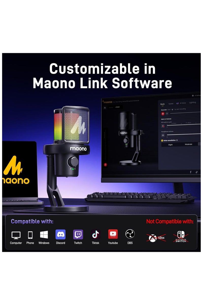 ماونو ميكروفون MAONO DM40 PRO مكثف يو إس بي / لاسلكي للبث والبودكاست والألعاب وتسجيل الصوت – ميكروفون بجودة الاستوديو مع زر كتم، إضاءة RGB، ومراقبة فورية – أسود - Image 5