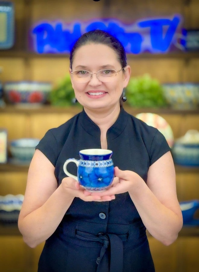 Polmedia Polish Pottery Bubble Mug 12 oz UNIKAT - Cobalt Poppies Pattern Handmade in Boleslawiec Poland by Ceramika Artystyczna + Certificate of Authenticity - Image 2