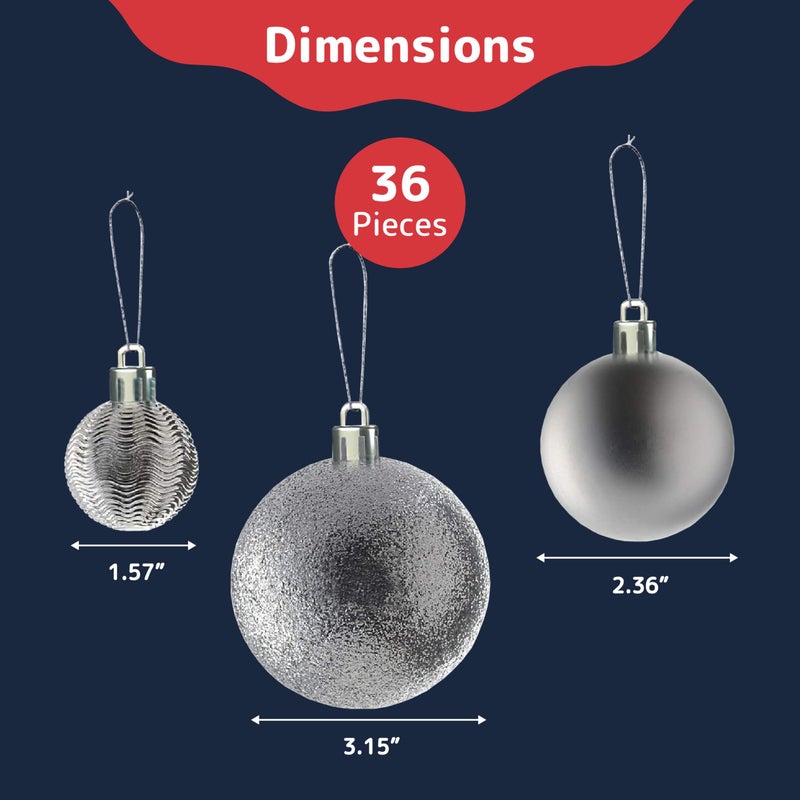 Prextex PREXTEX Christmas Tree Ornaments - Silver Christmas Ball Ornaments Set for Christmas  Holiday  Wreath and Party Decorations (36 pcs - Small  Medium  Large) Shatterproof  - Image 3
