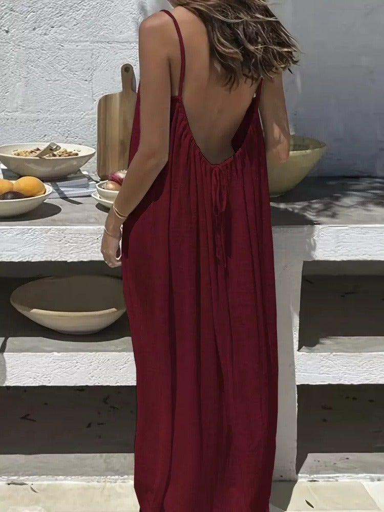 فستان نسائي للمنزل من 2026wish - لون سادة، تصميم حزام وظهر مكشوف - Image 1