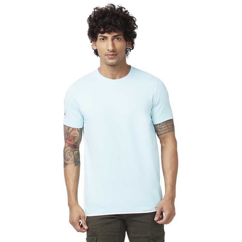 Spykar Men Bleached Aqua Blended Slim Fit Half Sleeve Round Neck Plain Tshirt - Image 1