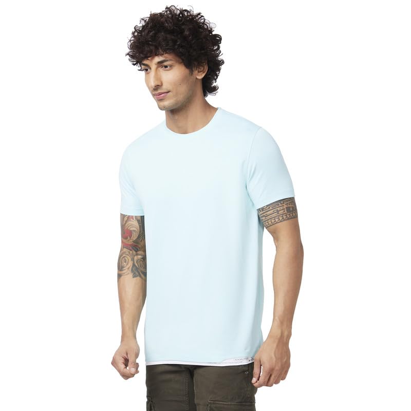 Spykar Men Bleached Aqua Blended Slim Fit Half Sleeve Round Neck Plain Tshirt - Image 3