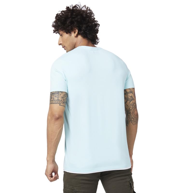 Spykar Men Bleached Aqua Blended Slim Fit Half Sleeve Round Neck Plain Tshirt - Image 2