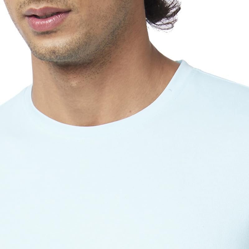 Spykar Men Bleached Aqua Blended Slim Fit Half Sleeve Round Neck Plain Tshirt - Image 4