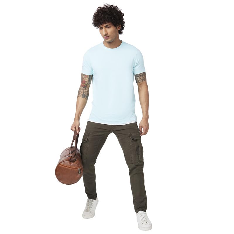 Spykar Men Bleached Aqua Blended Slim Fit Half Sleeve Round Neck Plain Tshirt - Image 5
