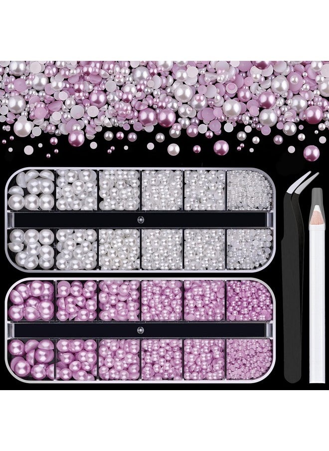BELLEBOOST 2 Boxes Flat Back Pearls Kit 2 Flatback White&Light Purple Half Round Pearls With Pencil And Tweezer 2-8Mm For Face Makeup And Craft  - Image 1