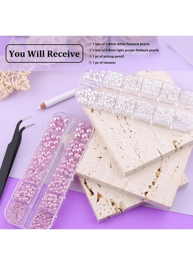 BELLEBOOST 2 Boxes Flat Back Pearls Kit 2 Flatback White&Light Purple Half Round Pearls With Pencil And Tweezer 2-8Mm For Face Makeup And Craft  - Image 2