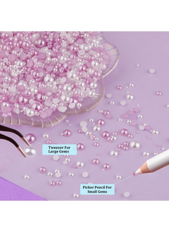 BELLEBOOST 2 Boxes Flat Back Pearls Kit 2 Flatback White&Light Purple Half Round Pearls With Pencil And Tweezer 2-8Mm For Face Makeup And Craft  - Image 4