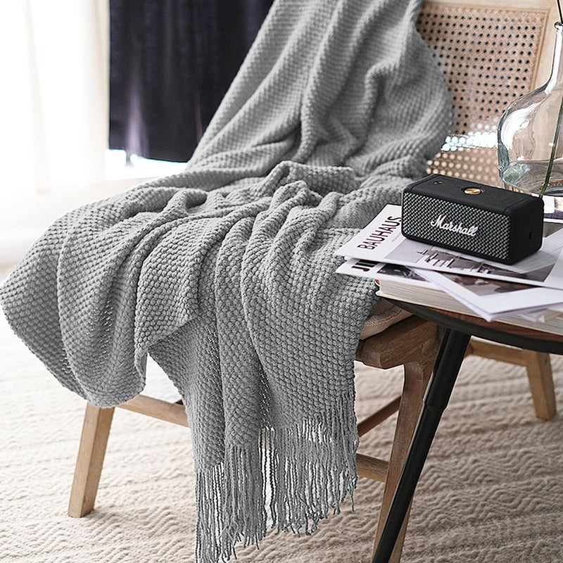 LOMAO Knitted Throw Blanket with Tassels Bubble Textured Lightweight Throws for Couch Cover Home Decor Light Grey 60x80