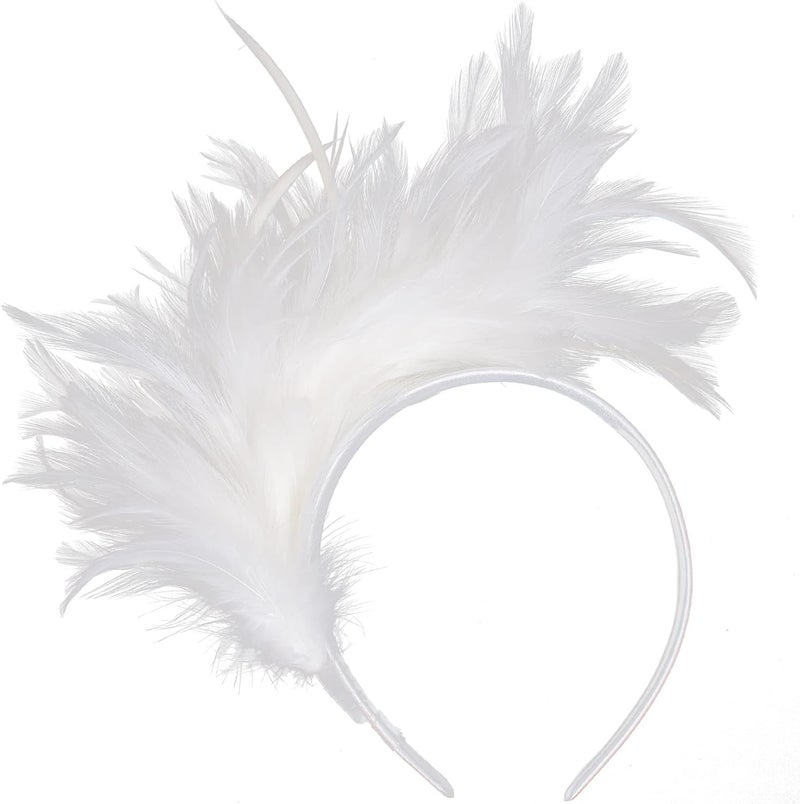 KICOFIT Feathers Headband Masquerade Headpiece for Women Halloween Christmas Party Favor Floral Fascinator Crown (Feather-White, One size) - Image 1