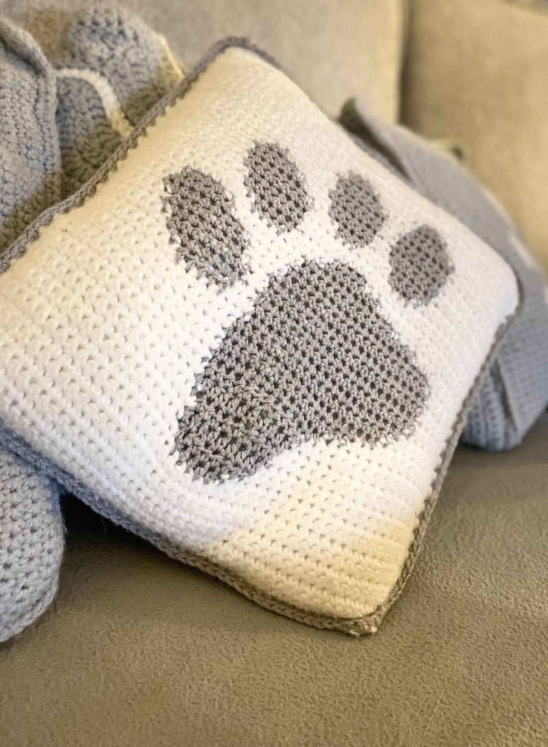 Braidise Creations 2 Pcs Cute Paw print knitted crochet Cushion cover with cushion in throw pillow for living room sofa - Image 1