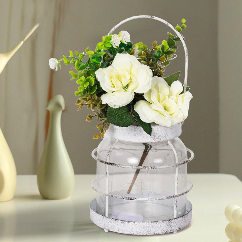 HUYIENO Rustic Home DÃ©cor Vase, Artificial Flowers Glass Jar, Farmhouse DÃ©cor Vintage Styled Rusted Lantern Decor with Plants and LED Strings, Hanging Lantern Home Kitchen Centerpiece Table DÃ©cor White - Image 2
