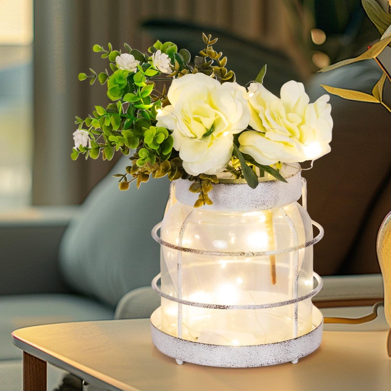 HUYIENO Rustic Home DÃ©cor Vase, Artificial Flowers Glass Jar, Farmhouse DÃ©cor Vintage Styled Rusted Lantern Decor with Plants and LED Strings, Hanging Lantern Home Kitchen Centerpiece Table DÃ©cor White - Image 1