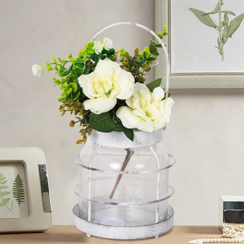 HUYIENO Rustic Home DÃ©cor Vase, Artificial Flowers Glass Jar, Farmhouse DÃ©cor Vintage Styled Rusted Lantern Decor with Plants and LED Strings, Hanging Lantern Home Kitchen Centerpiece Table DÃ©cor White - Image 5