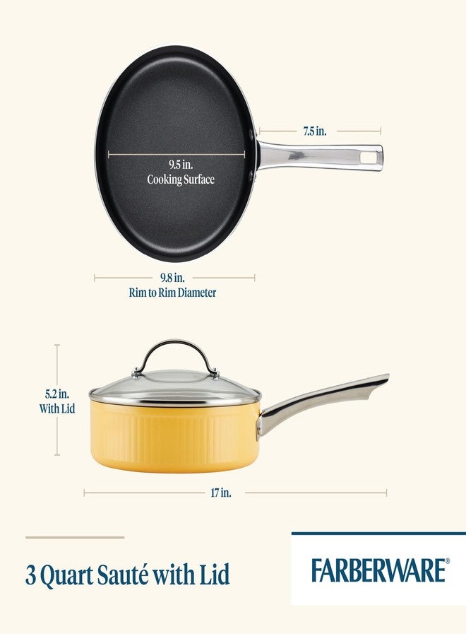 Farberware مقلاة فاربر وير ستايل غير لاصقة مع غطاء، آمنة في غسالة الصحون، 3 كوارت - أصفر - Image 2