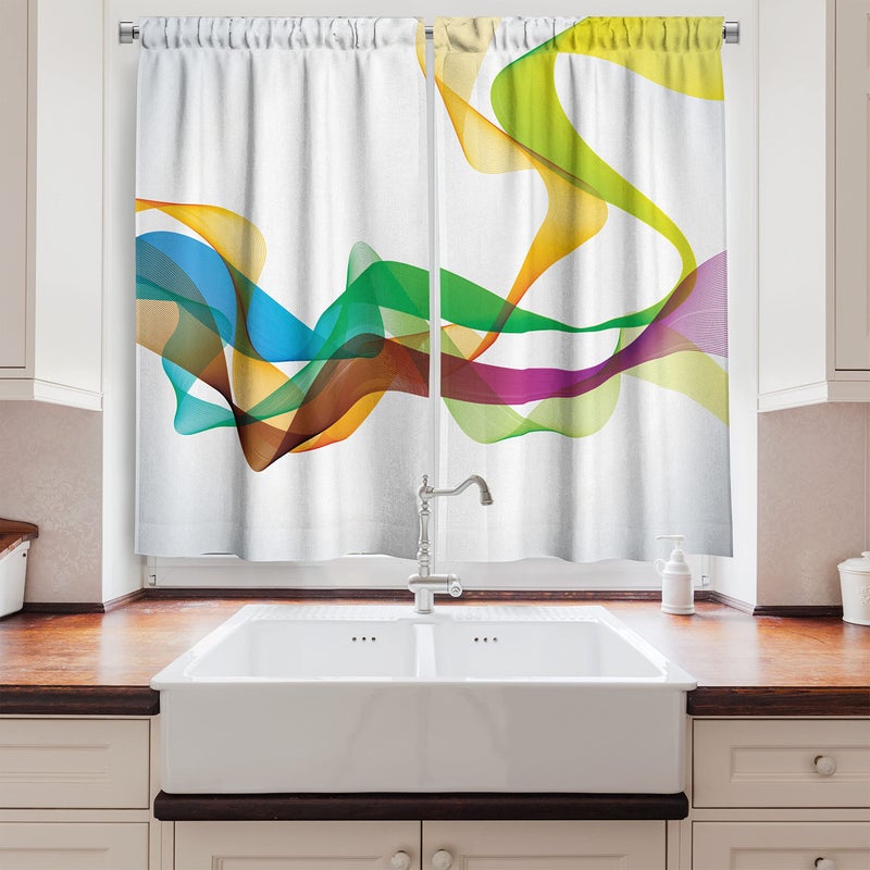 Ambesonne Abstract Kitchen Curtains  Styled Wavy Ribbon Line and Smoked Rainbow Like Cool Graphic Artwork  Window Drapes 2 Panel Set for Kitchen Cafe Decor  55"" x 39""  Emerald Yellow - Image 2