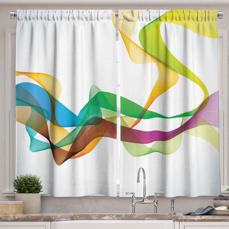 Ambesonne Abstract Kitchen Curtains  Styled Wavy Ribbon Line and Smoked Rainbow Like Cool Graphic Artwork  Window Drapes 2 Panel Set for Kitchen Cafe Decor  55"" x 39""  Emerald Yellow - Image 1