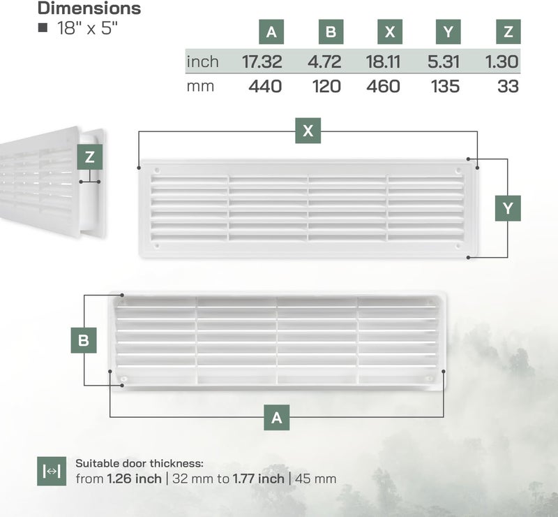 Vent Systems 18" x 5" Door Air Register - Two-Sided Louvers - Ventilation Grille - Indoor Vent Grates for Bathroom, Cabinet, Garage - Through The Door Cover, White - Image 2