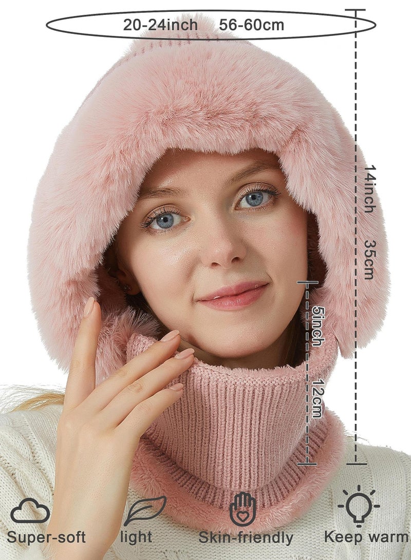 Excefore Winter Beanie Hat for Women, Winter Scarf Mask Set, Beanie Hats One Piece Warm Hooded Scarf Fleece Balaclava Pullover Knitted Hat Mask Set (Pink) - Image 4