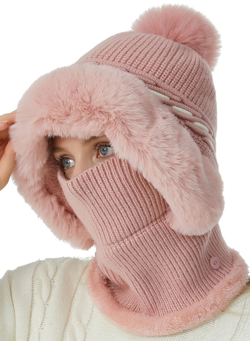Excefore Winter Beanie Hat for Women, Winter Scarf Mask Set, Beanie Hats One Piece Warm Hooded Scarf Fleece Balaclava Pullover Knitted Hat Mask Set (Pink) - Image 1