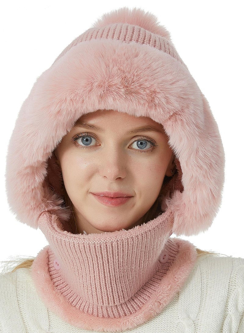 Excefore Winter Beanie Hat for Women, Winter Scarf Mask Set, Beanie Hats One Piece Warm Hooded Scarf Fleece Balaclava Pullover Knitted Hat Mask Set (Pink) - Image 2