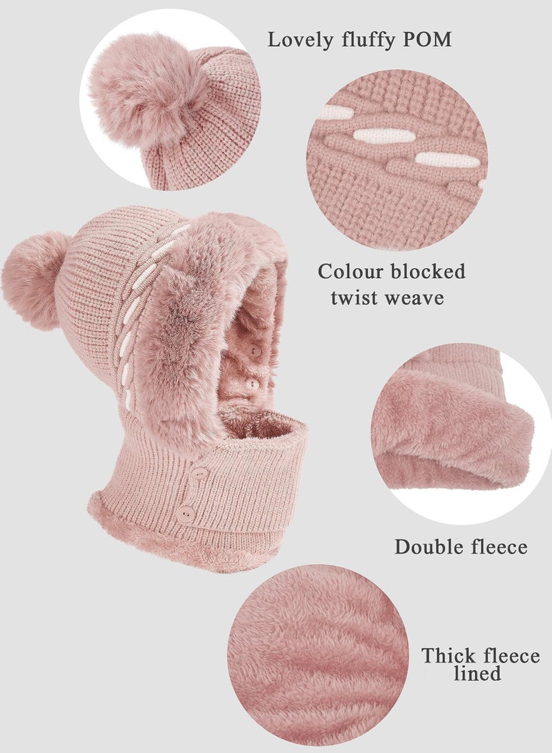Excefore Winter Beanie Hat for Women, Winter Scarf Mask Set, Beanie Hats One Piece Warm Hooded Scarf Fleece Balaclava Pullover Knitted Hat Mask Set (Pink) - Image 5
