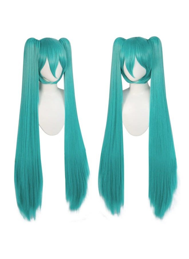 JoneTing - 120CM/47inches Green Wigs【+Hair Cap】 Long Greenish Wig with 2 Ponytails for Women Long Straight Green Wigs with Bangs for Cosplay Wig Synthetic Hair for Halloween Christmas Party - Image 1