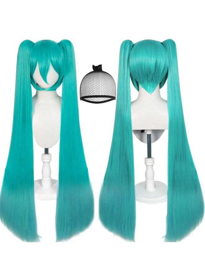 JoneTing - 120CM/47inches Green Wigs【+Hair Cap】 Long Greenish Wig with 2 Ponytails for Women Long Straight Green Wigs with Bangs for Cosplay Wig Synthetic Hair for Halloween Christmas Party - Image 1