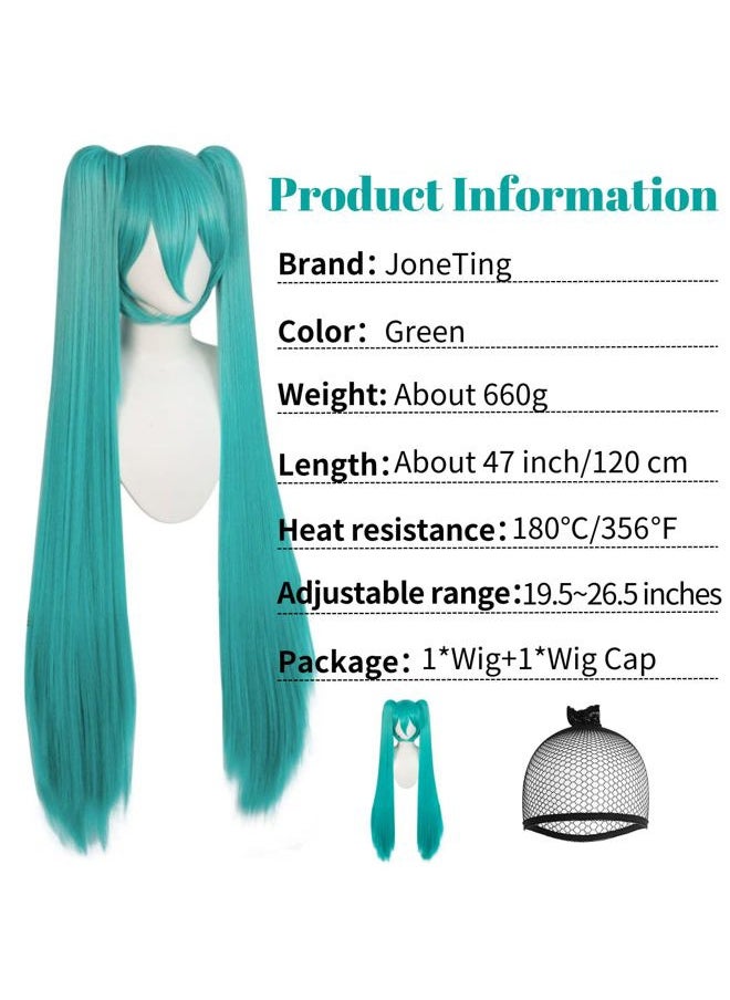 JoneTing - 120CM/47inches Green Wigs【+Hair Cap】 Long Greenish Wig with 2 Ponytails for Women Long Straight Green Wigs with Bangs for Cosplay Wig Synthetic Hair for Halloween Christmas Party - Image 1