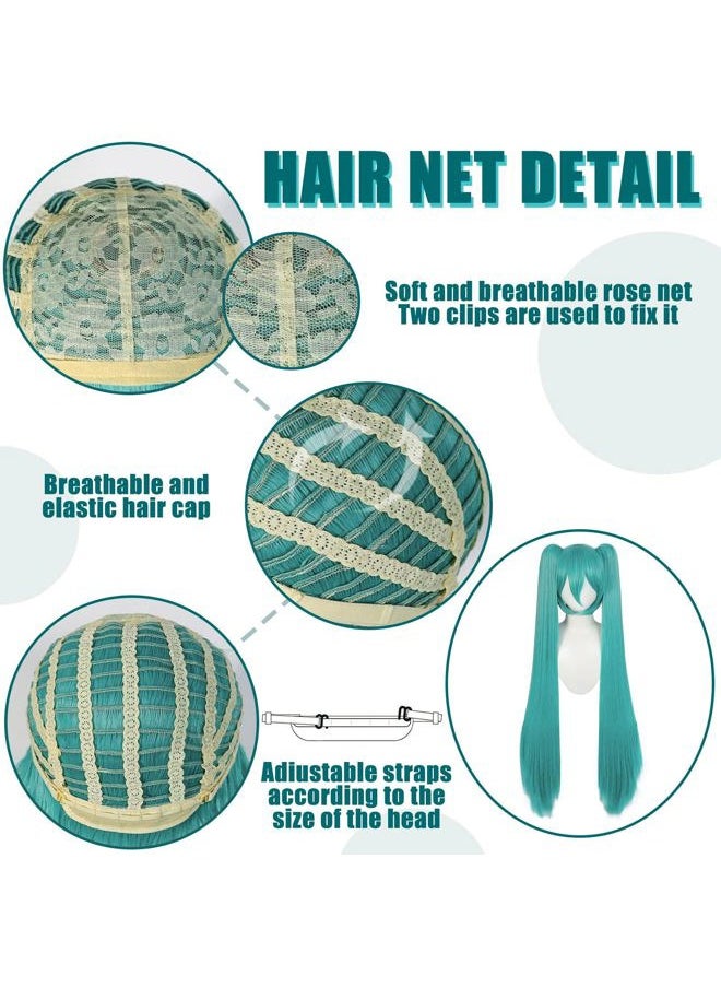 JoneTing - 120CM/47inches Green Wigs【+Hair Cap】 Long Greenish Wig with 2 Ponytails for Women Long Straight Green Wigs with Bangs for Cosplay Wig Synthetic Hair for Halloween Christmas Party - Image 1