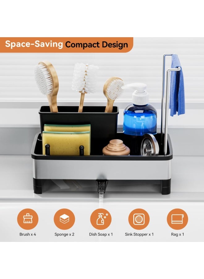 Bukela Sponge Holder for Kitchen Sink, Rustproof Stainless Steel Sink Caddy with Auto-Drain, Removable Brush Holders, Soap and Dishcloth Organizer (Black and Silver) - Image 4
