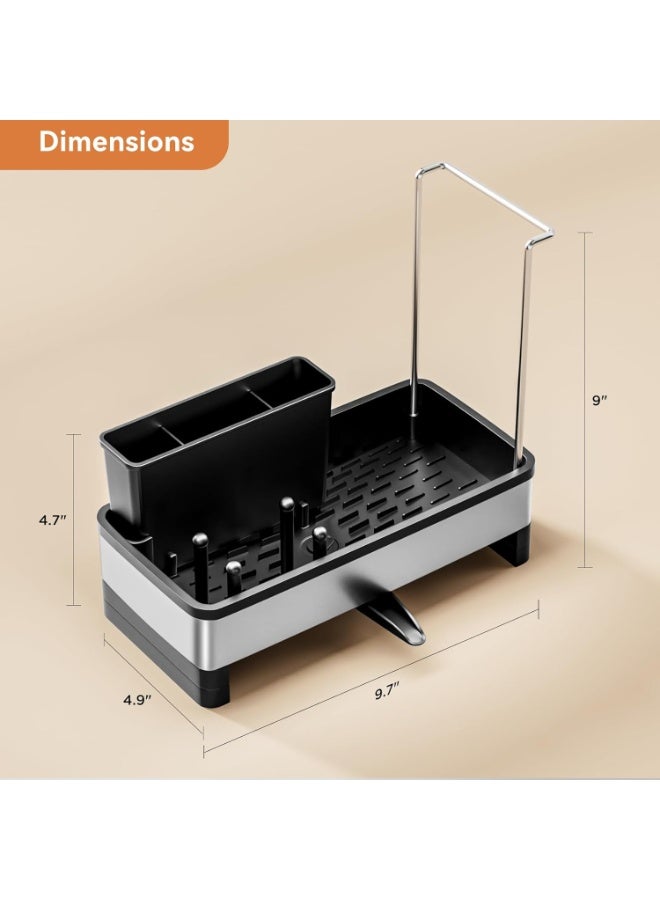 Bukela Sponge Holder for Kitchen Sink, Rustproof Stainless Steel Sink Caddy with Auto-Drain, Removable Brush Holders, Soap and Dishcloth Organizer (Black and Silver) - Image 5