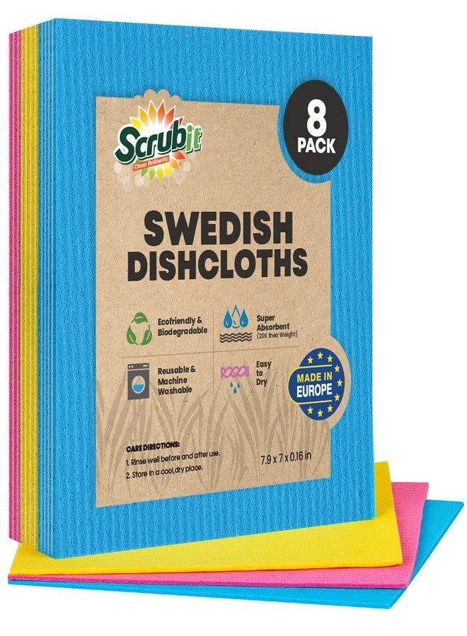 SCRUBIT Swedish Dishcloths for Kitchen - 8 Pack - Ultra Absorbent Paper Towels for Kitchen, Washing Dishes, and More - Reusable Cellulose Sponge Cloths (Assorted Colors) - Image 1