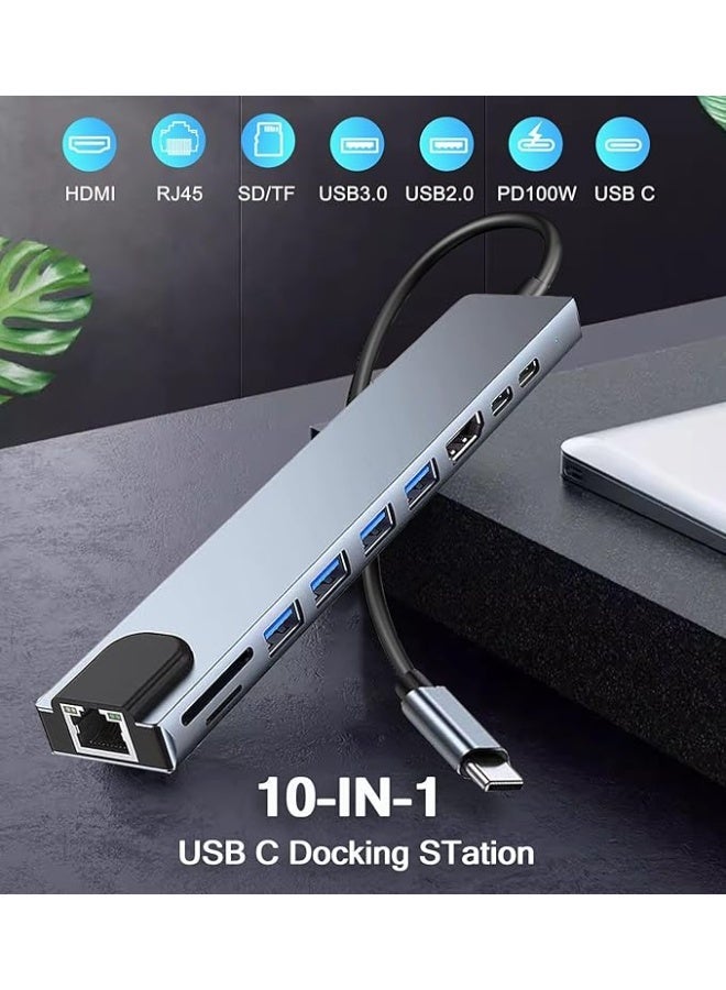 الهجرة محول إيثرنت وUSB-C، محطة توصيل أجهزة الكمبيوتر المحمولة 10 في 1 مع دعم HDMI 4K، إيثرنت RJ45، قارئ بطاقات SD/TF، USB 3.0/2.0، طاقة PD 100 واط، جهاز USB-C لشبكة LAN للماك برو/إير، آيباد برو، إكس بي إس، وغيرها - Image 2