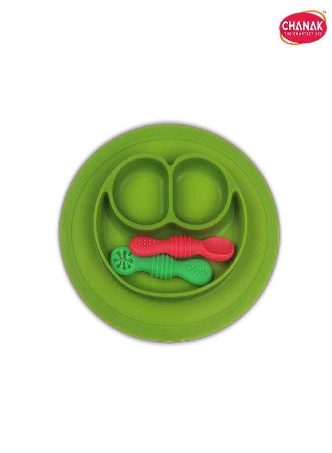 Chanak Oval Baby Food Tray, Silicon Food Plate with Multiple Compartments & Two Spoons, Silicone Plate for Feeding Baby, Easy to Clean Silicon Plate Microwave & Dishwasher Safe. (Dark Green) - Image 3