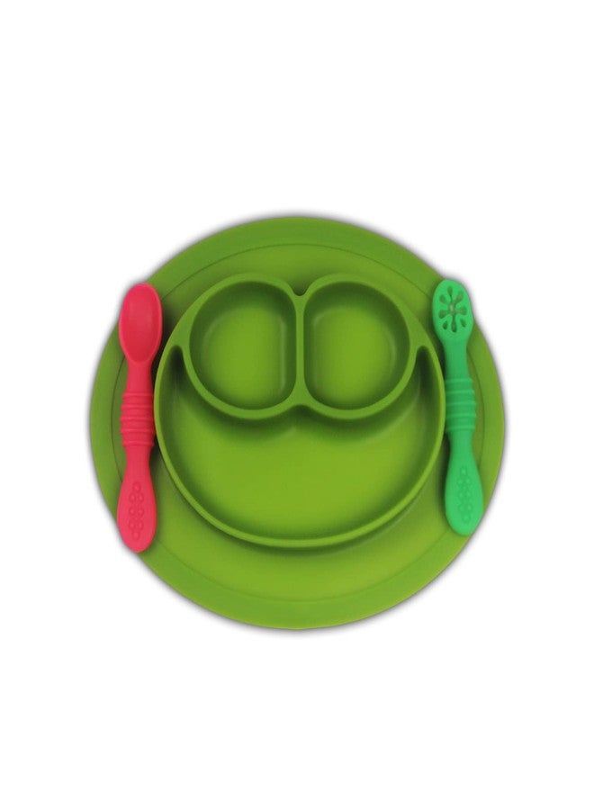 Chanak Oval Baby Food Tray, Silicon Food Plate with Multiple Compartments & Two Spoons, Silicone Plate for Feeding Baby, Easy to Clean Silicon Plate Microwave & Dishwasher Safe. (Dark Green) - Image 1
