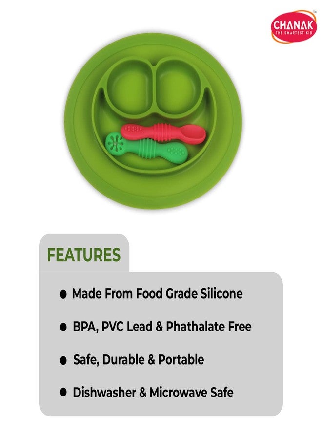 Chanak Oval Baby Food Tray, Silicon Food Plate with Multiple Compartments & Two Spoons, Silicone Plate for Feeding Baby, Easy to Clean Silicon Plate Microwave & Dishwasher Safe. (Dark Green) - Image 2