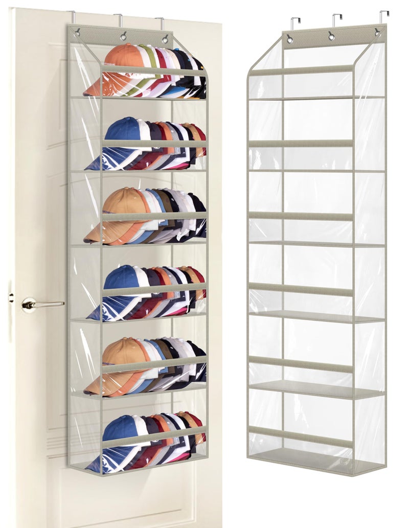 AOODA Clear Over the Door Hat Racks for Baseball Caps Large Holds up to 72 Caps Hat Storage Organizer for Closet Wall Deep Pockets Hanging Snapback Holder Shelves with 3 Hooks Grey
