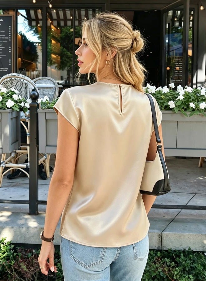 Funlingo Women's Silk Blouse Summer Dressy Casual Cap Sleeve Shirts Crewneck Front Pleated Office Work Tops, Beige, S - Image 3
