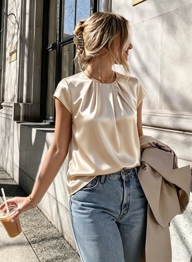 Funlingo Women's Silk Blouse Summer Dressy Casual Cap Sleeve Shirts Crewneck Front Pleated Office Work Tops, Beige, S - Image 2