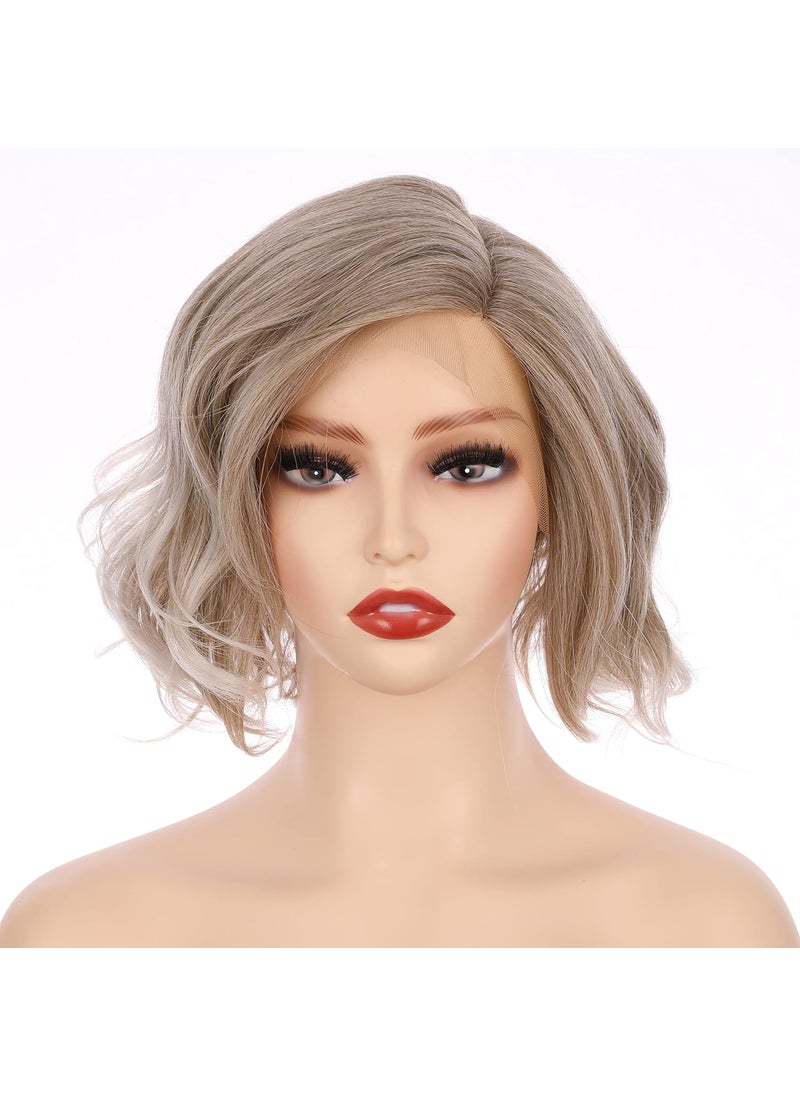 OneDor Onedor Lace Front Short Wavy Hair Bob Wig for Women, 10 Inch with Side Part (Ice Brown) 