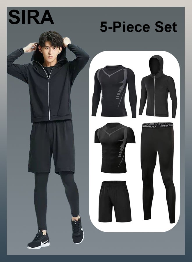 SIRA Men's 5-Piece Quick-Dry Sports Set - Moisture-Wicking Gym Outfit with Hooded Jacket, Compression Pants & Training Shorts for Running/Basketball/Workout | Lightweight & Breathable Athletic Wear - Image 1
