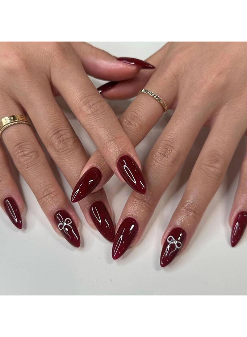 Press on Nails Medium Almond Fake Nails with Bow Designs Acrylic Nails Press ons Glossy Glue on Nails Burgundy False Nails Stick on Nails for Women 24Pcs - Image 1