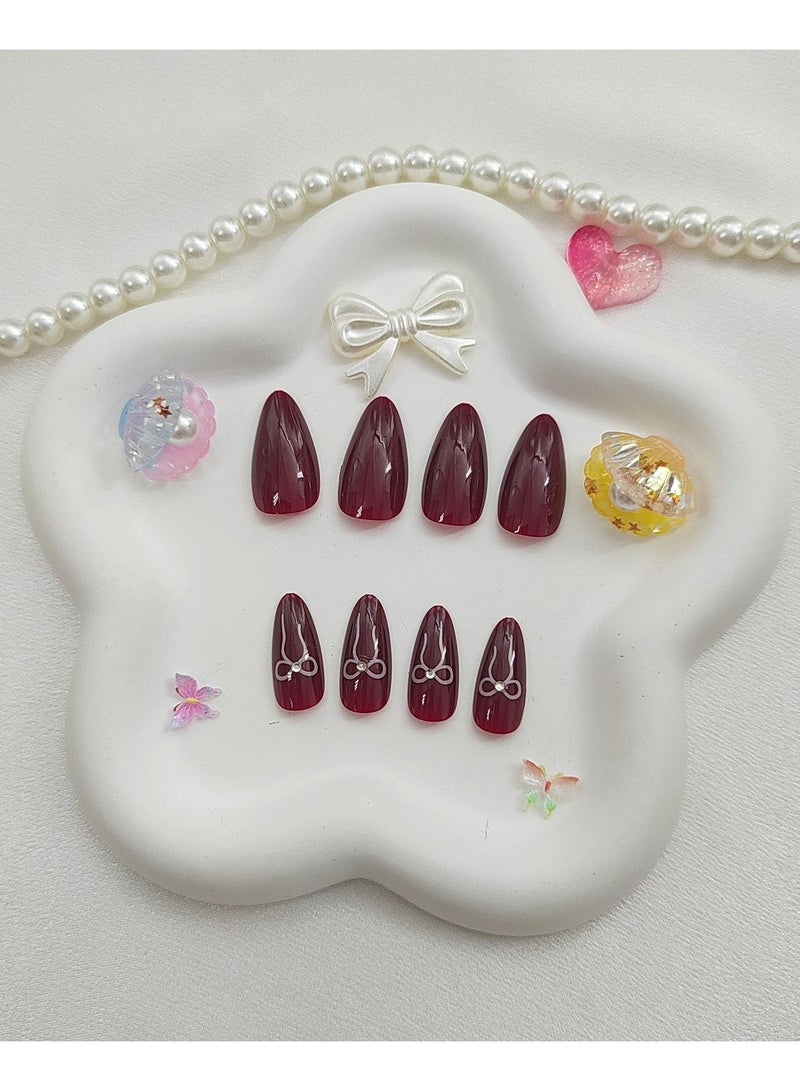 Press on Nails Medium Almond Fake Nails with Bow Designs Acrylic Nails Press ons Glossy Glue on Nails Burgundy False Nails Stick on Nails for Women 24Pcs - Image 3